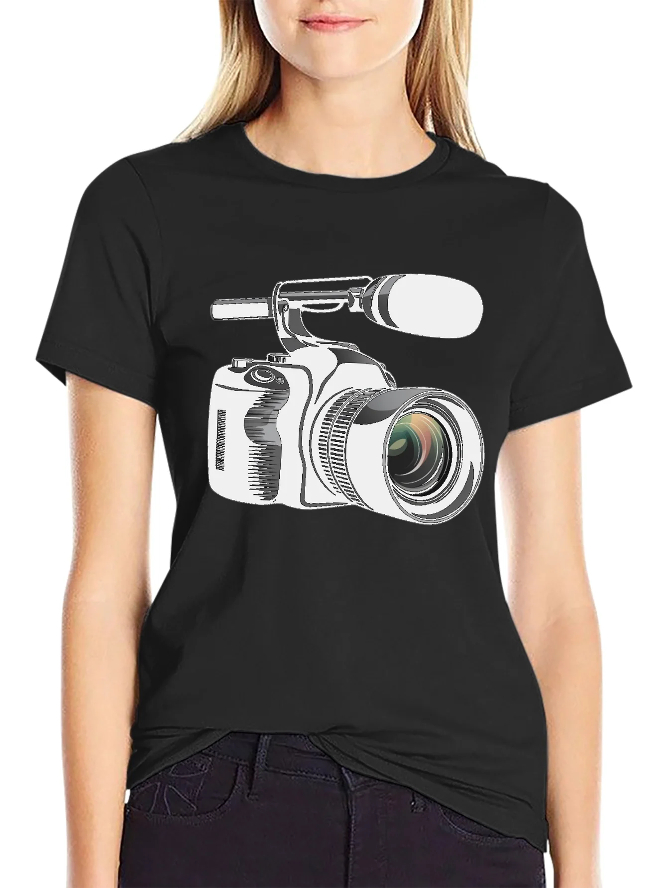 Camiseta Negra con Estampado de C¨¢mara de Video Profesional