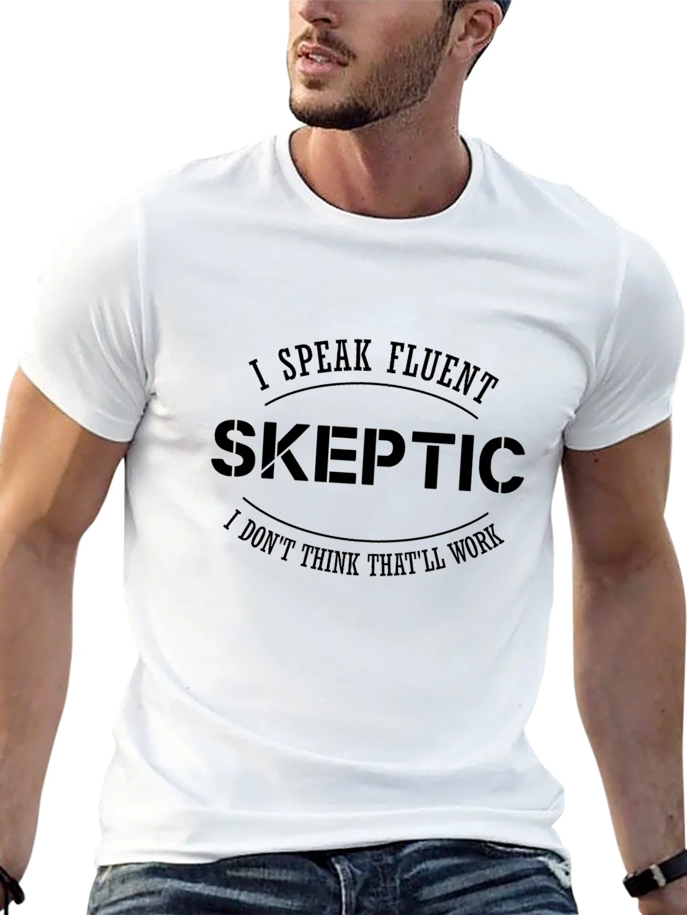 Rebbecca Fluent Skeptic Black T-Shirt: Funny Skeptic Quote Tee