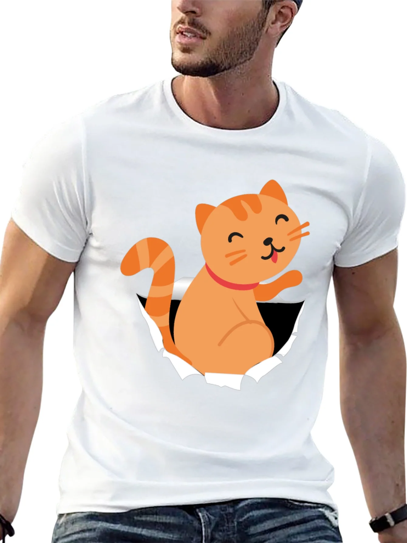Camiseta Negra con Dise?o de Gato Naranja Divertido