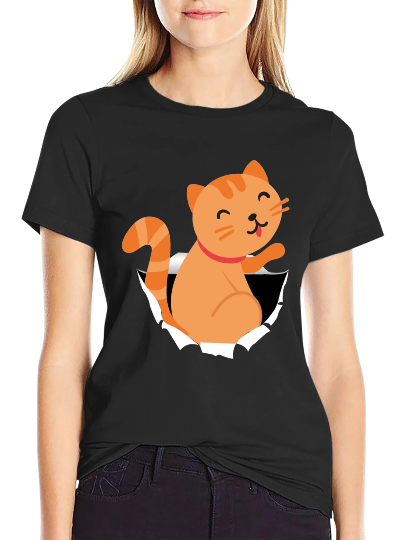 Camiseta Negra con Dise?o de Gato Naranja Divertido