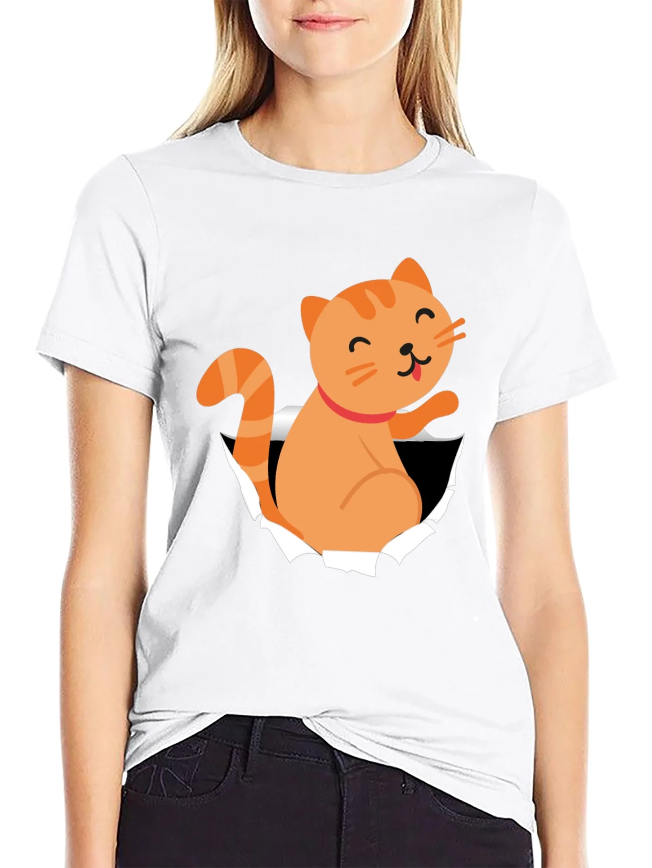 Camiseta Negra con Dise?o de Gato Naranja Divertido