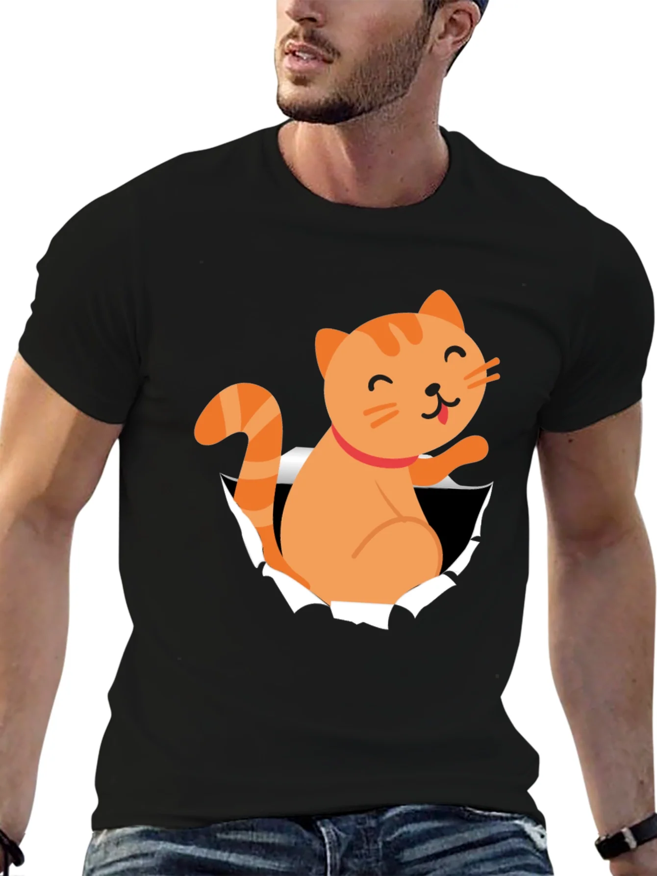 Camiseta Negra con Dise?o de Gato Naranja Divertido