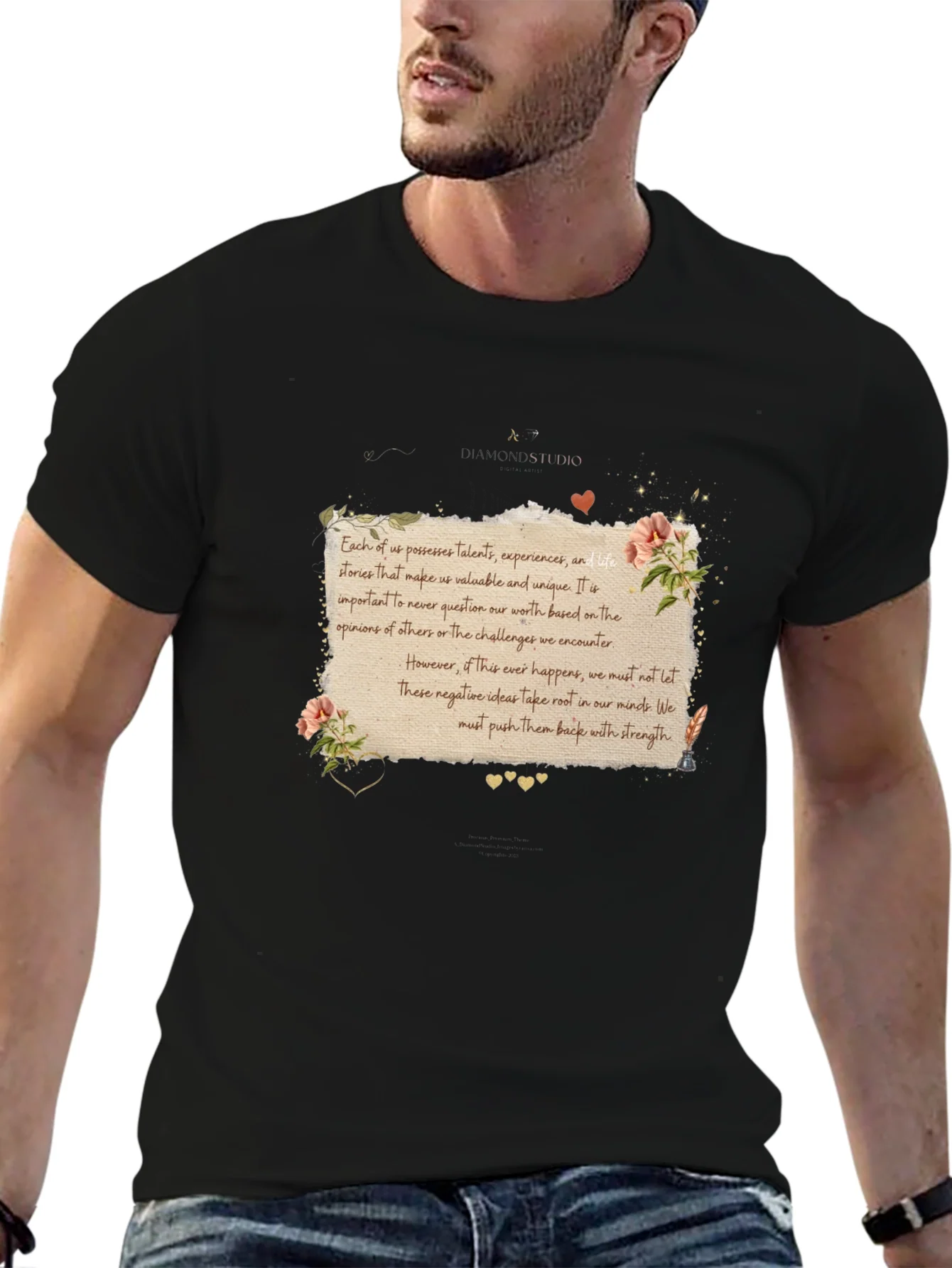 Camiseta Negra con Mensaje Inspirador Floral