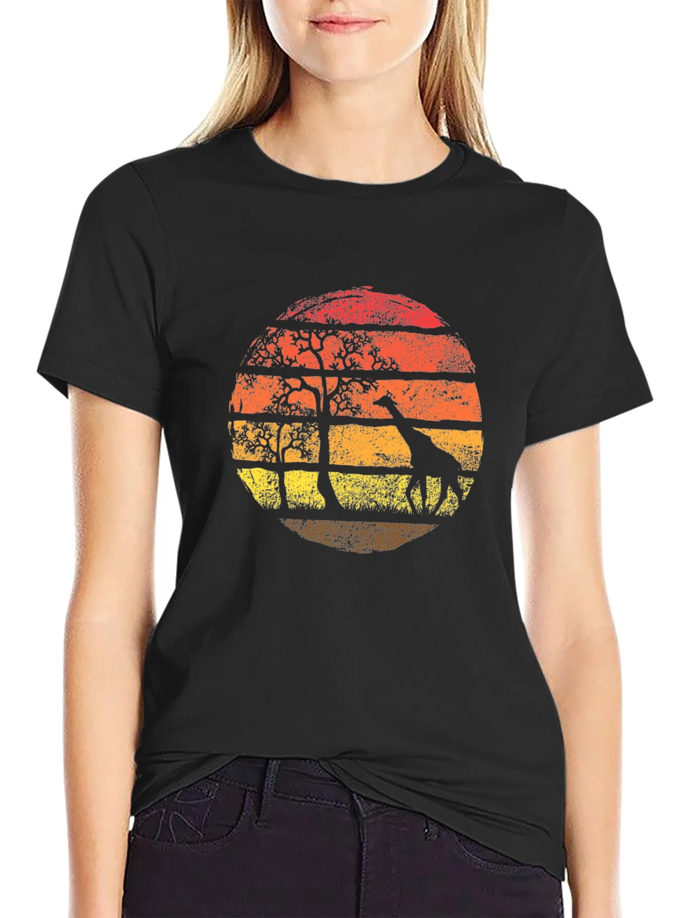 Rebbecca Giraffe Sunset Graphic Tee - Black T-Shirt