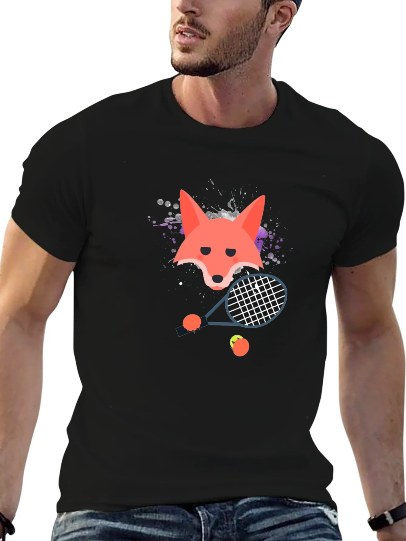 Camiseta Negra con Dise?o de Zorro Tenista