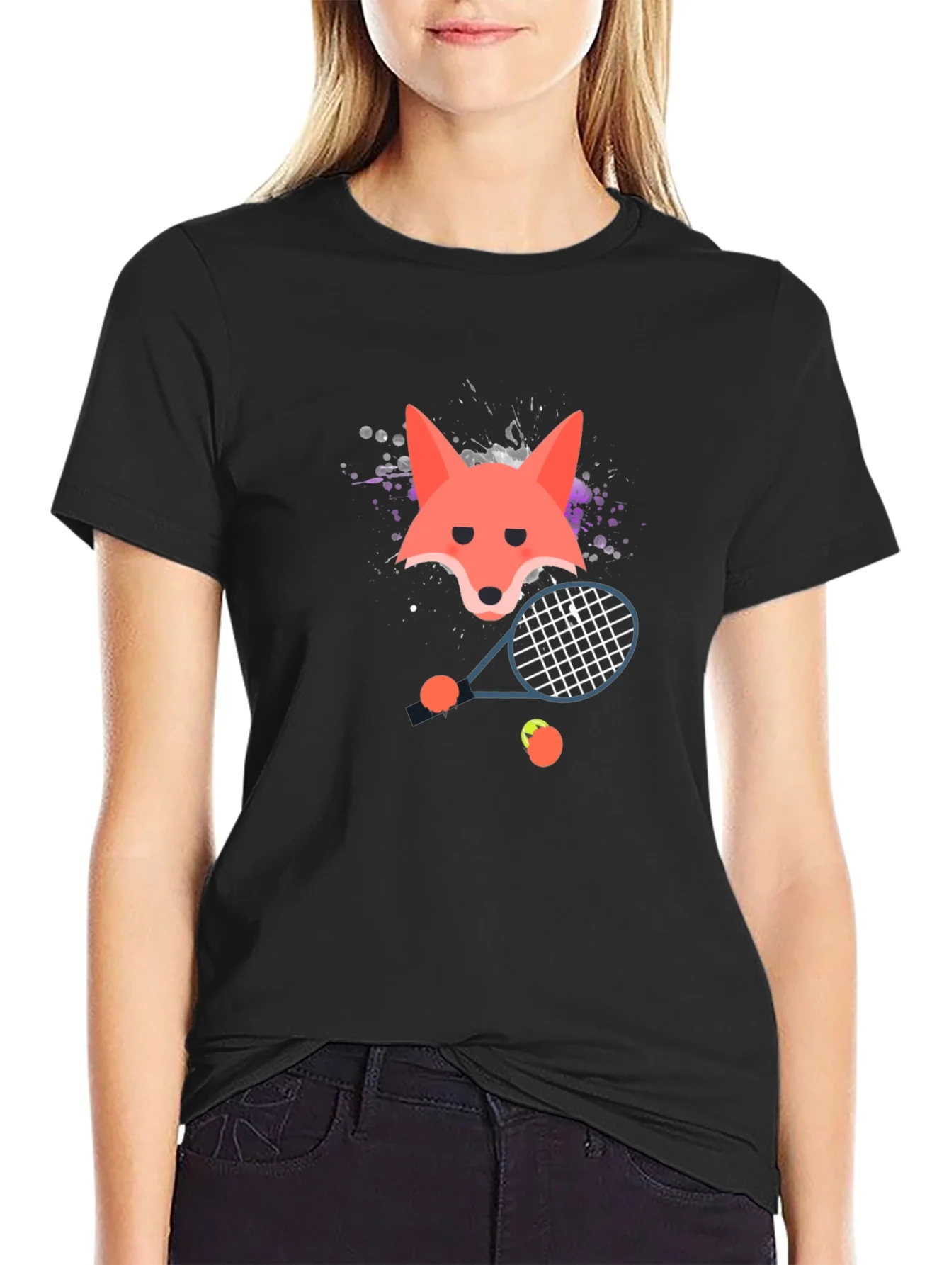 Camiseta Negra con Dise?o de Zorro Tenista