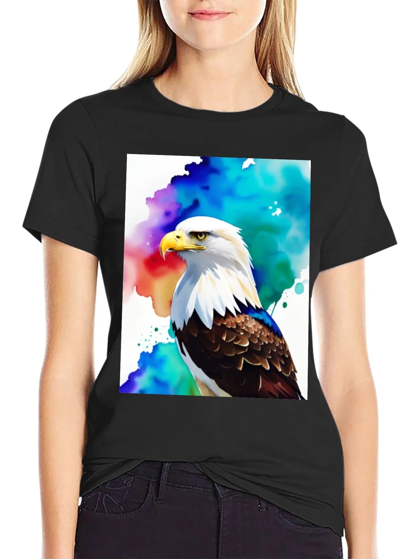 Camiseta Negra con ¨¢guila Americana Acuarela