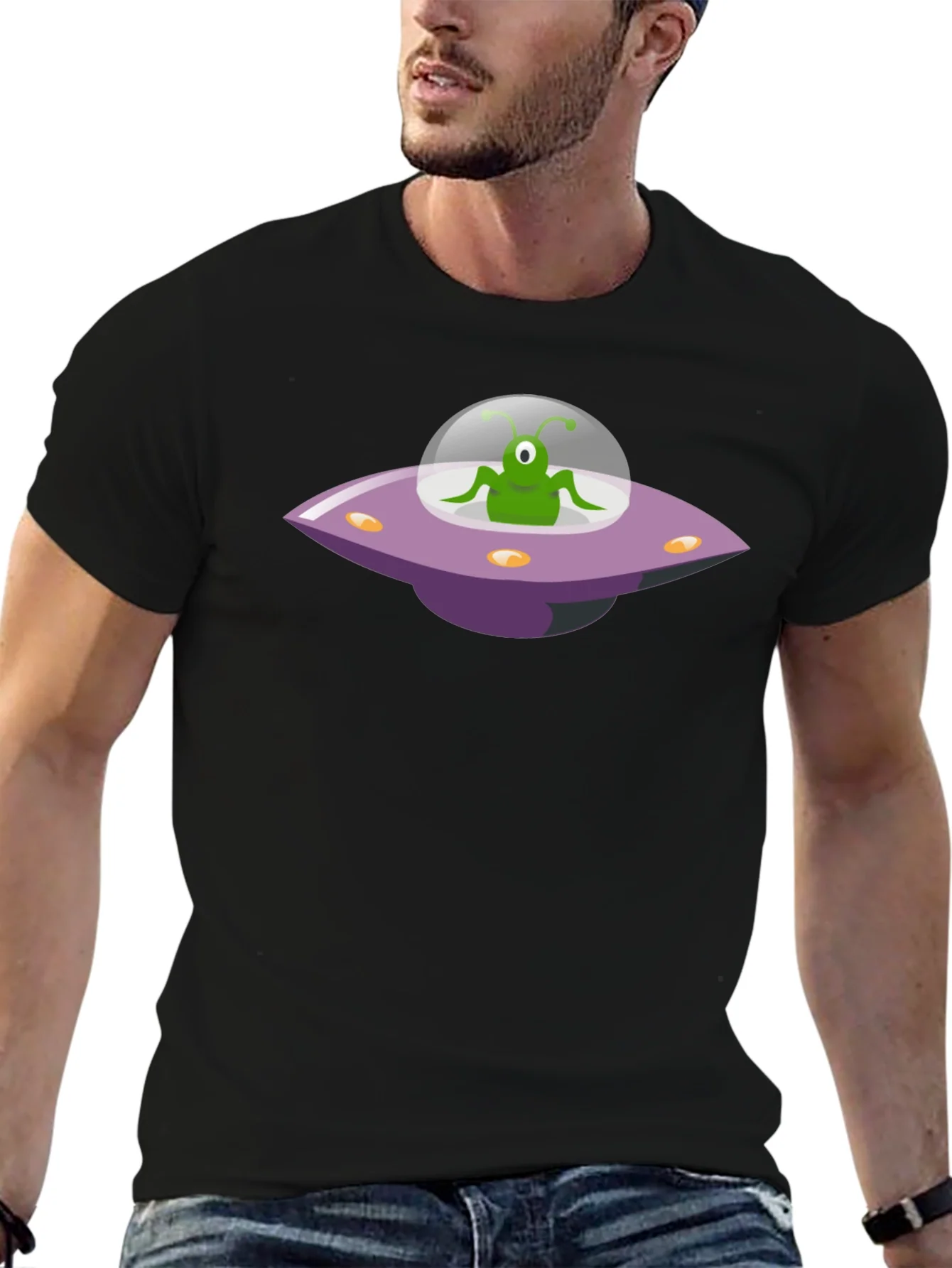 Camiseta Negra con Dise?o de Extraterrestre en Ovni