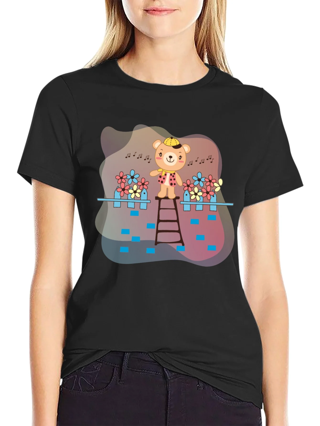 Camiseta Negra con Dise?o de Oso Musical