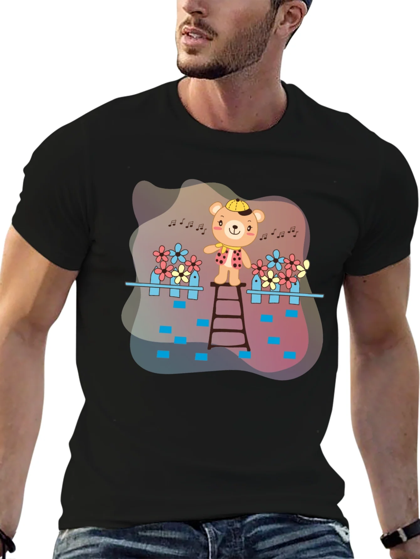 Camiseta Negra con Dise?o de Oso Musical