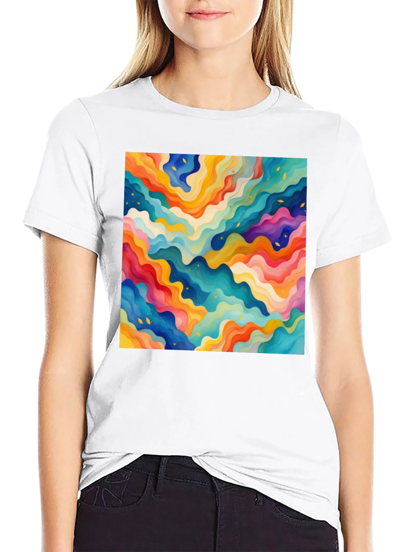 Rebbecca Vibrant Abstract Wave Pattern Black T-Shirt