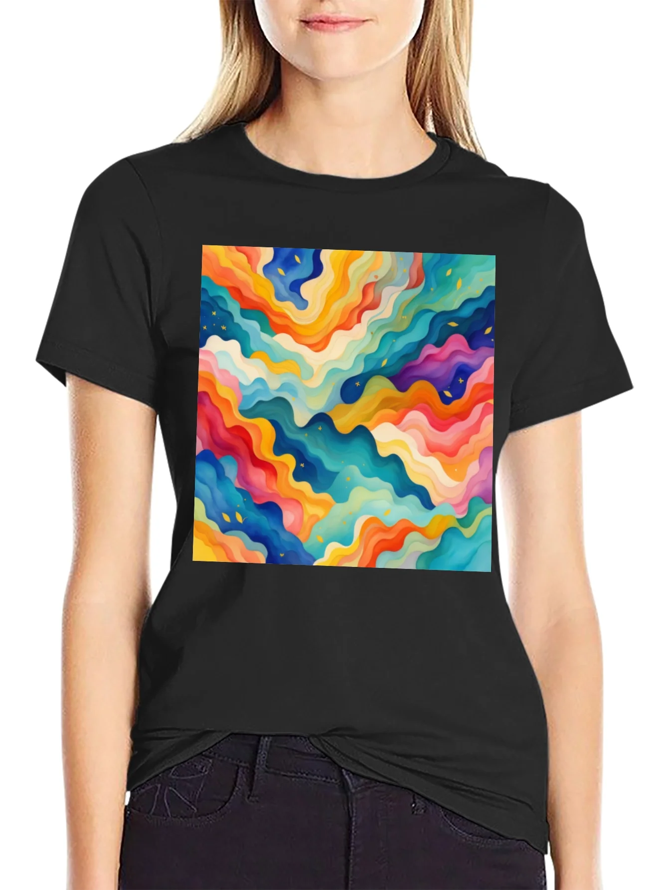 Rebbecca Vibrant Abstract Wave Pattern Black T-Shirt