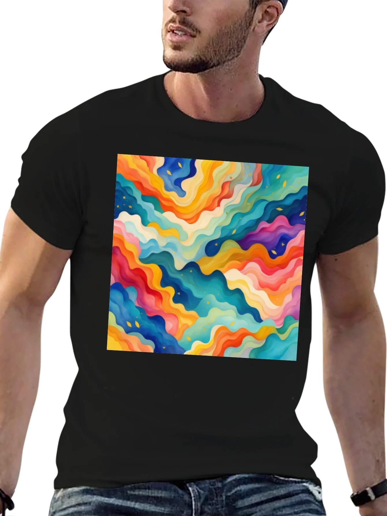 Rebbecca Vibrant Abstract Wave Pattern Black T-Shirt