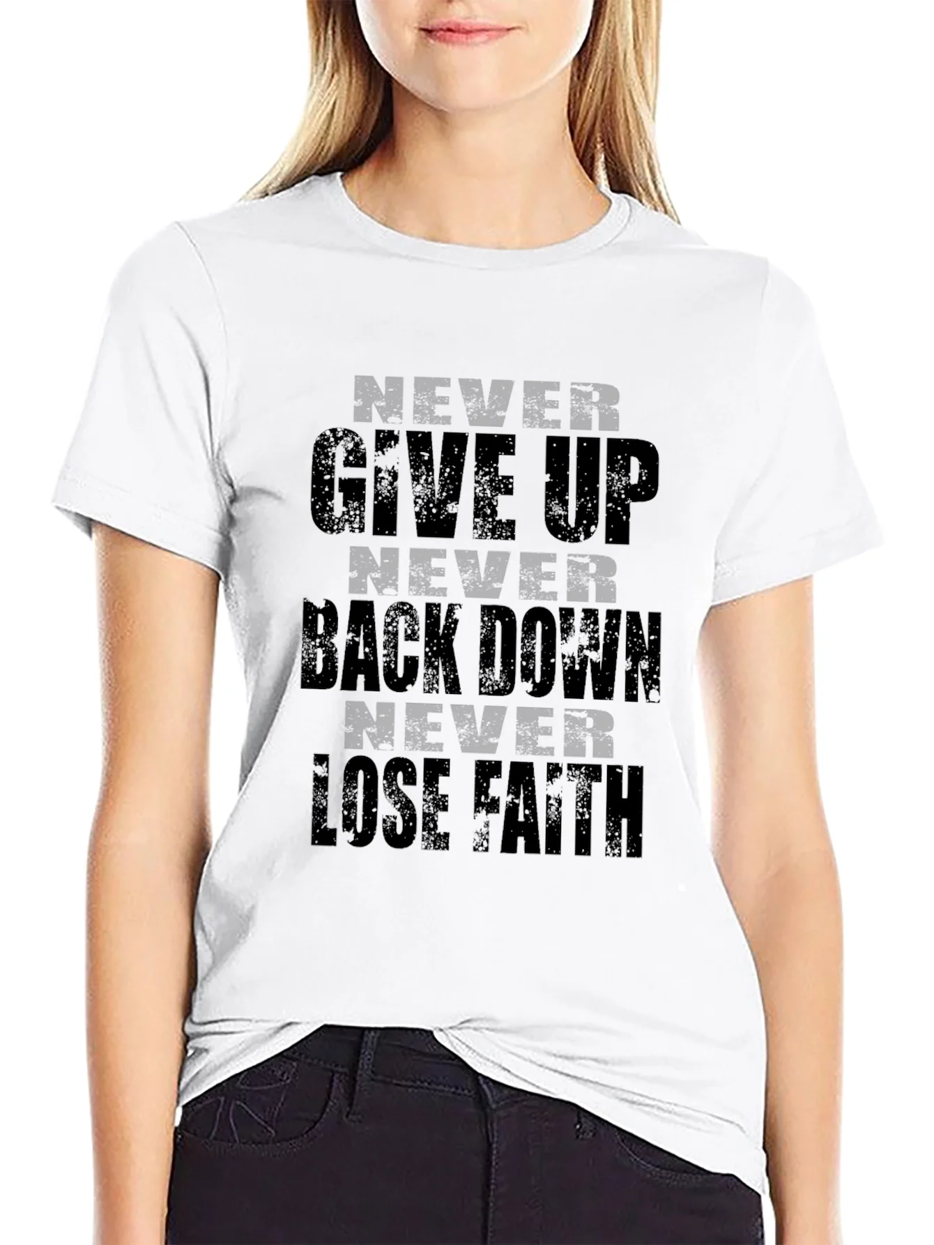 Rebbecca Motivational Never Give Up Graphic Print Black T-Shirt