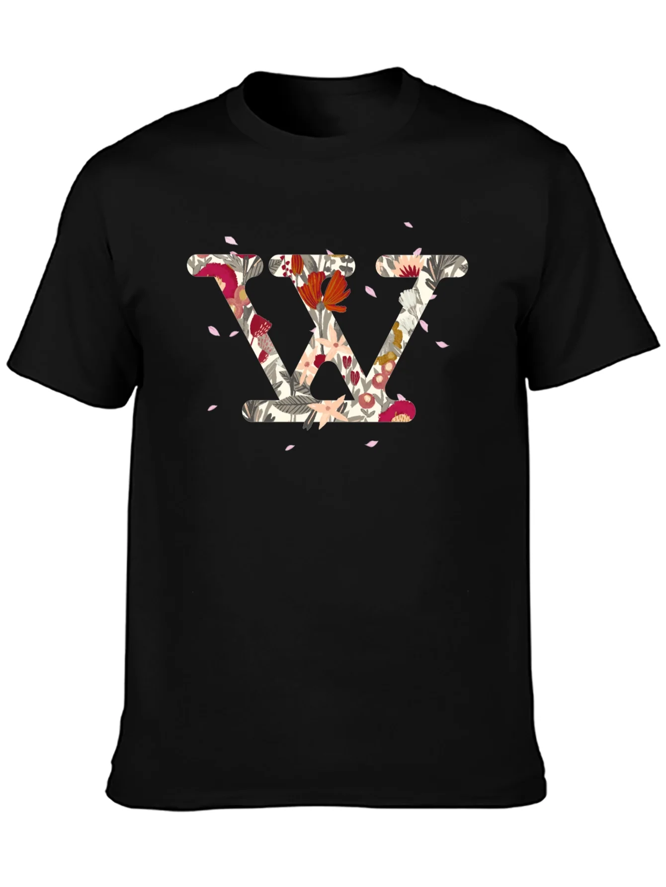 Camiseta Negra con Dise?o Floral Letra W