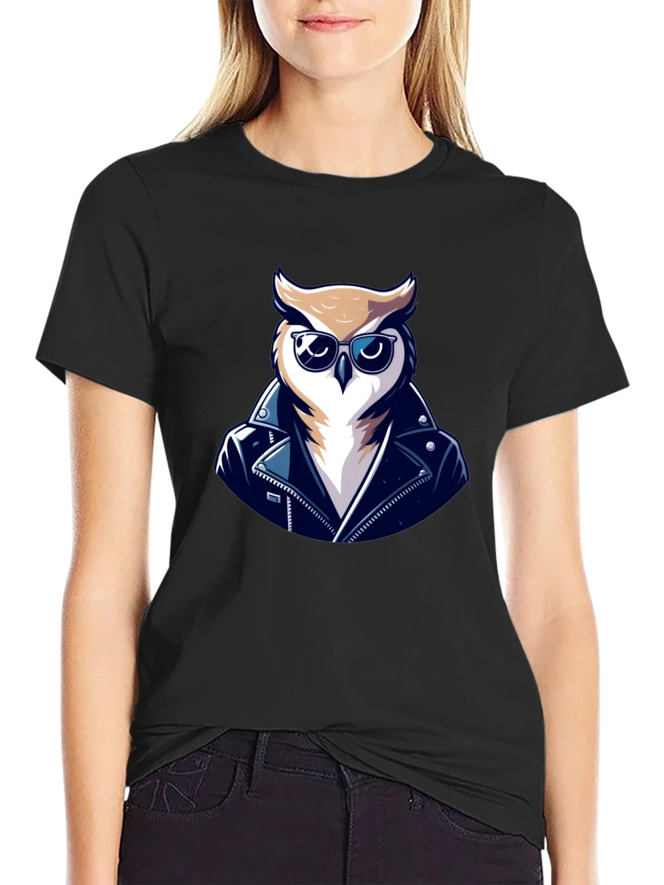 Rebbecca Cool Owl Biker T-Shirt - Black Cotton Tee