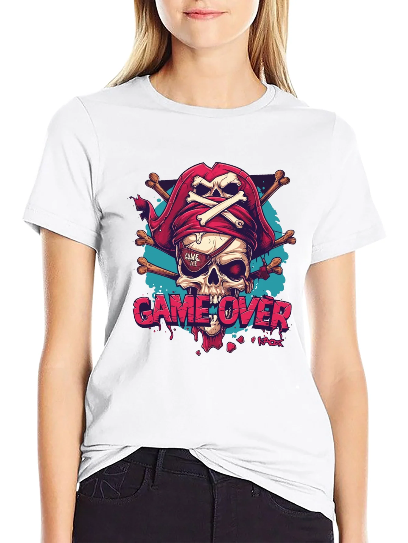 Rebbecca Game Over Pirate Skull Graphic Tee - Black