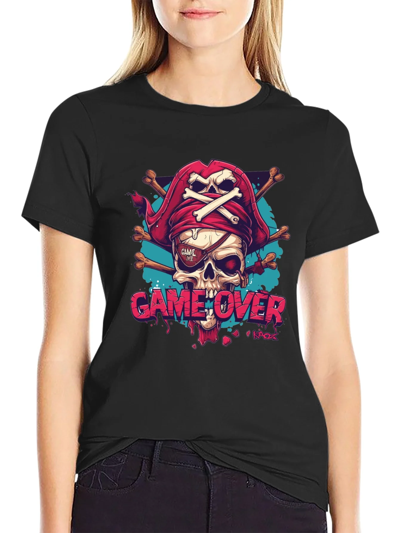 Rebbecca Game Over Pirate Skull Graphic Tee - Black