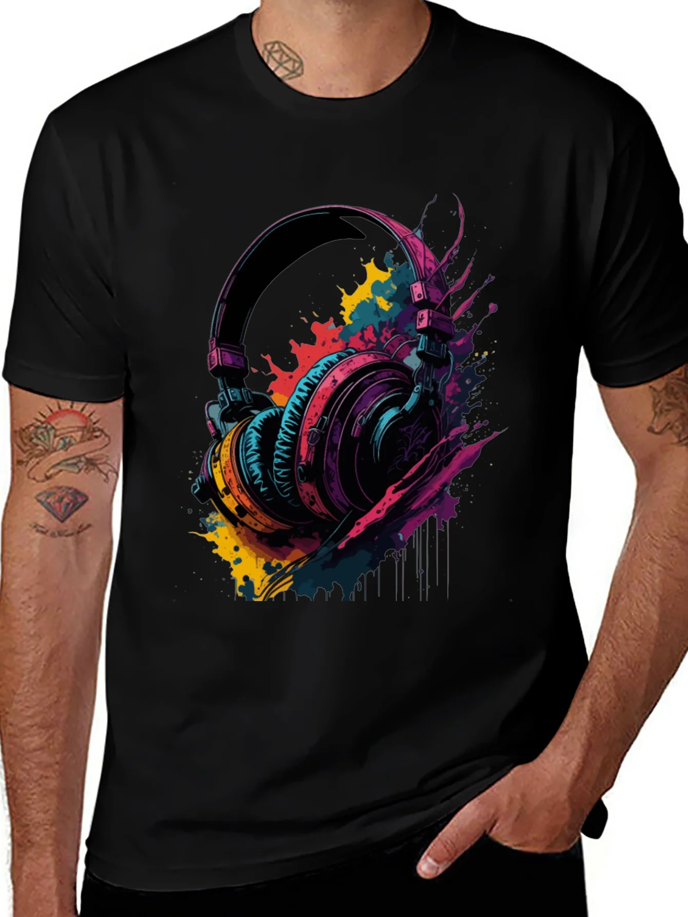 Rebbecca Vibrant Headphones Graphic Tee - Music Lovers T-Shirt