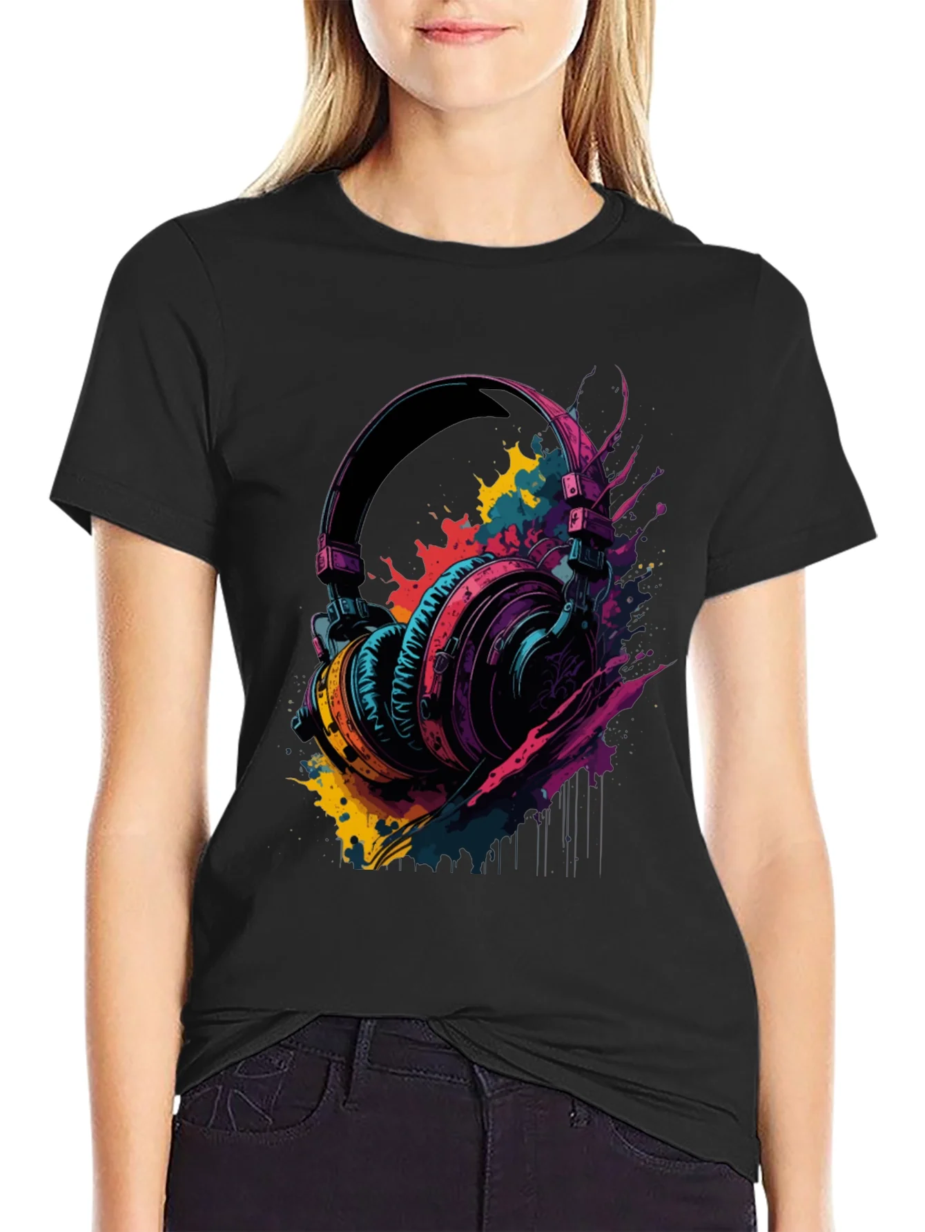 Rebbecca Vibrant Headphones Graphic Tee - Music Lovers T-Shirt