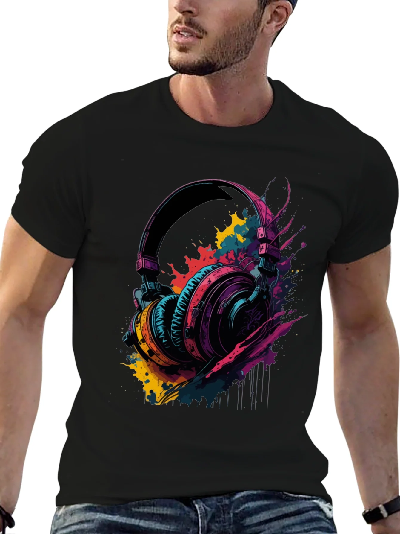 Rebbecca Vibrant Headphones Graphic Tee - Music Lovers T-Shirt