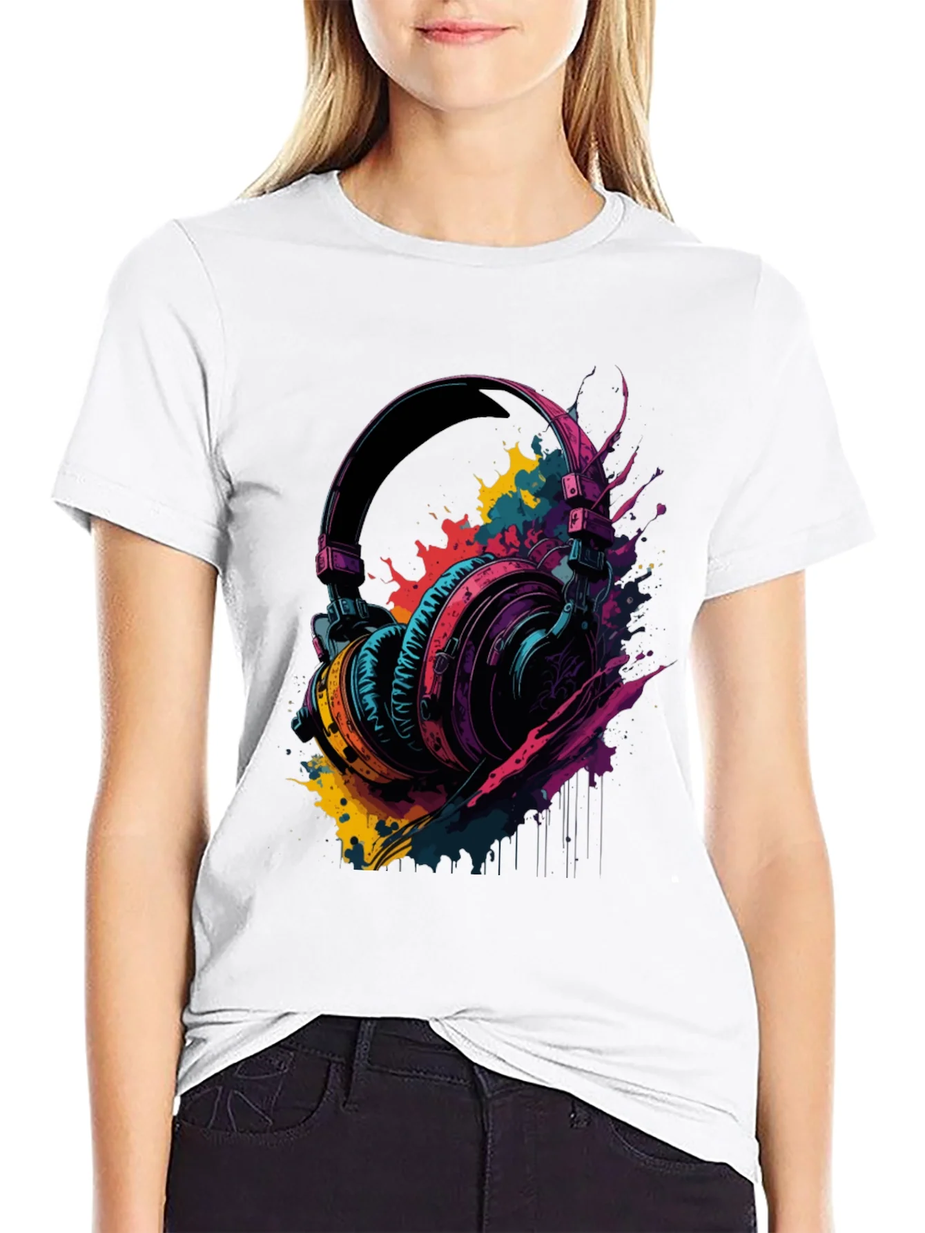 Rebbecca Vibrant Headphones Graphic Tee - Music Lovers T-Shirt