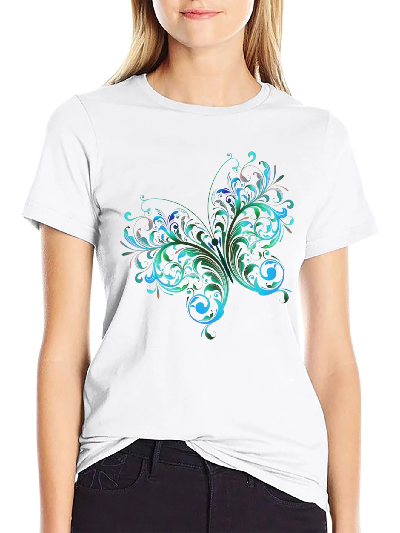 Rebbecca Stylish Black T-Shirt with Floral Butterfly Design