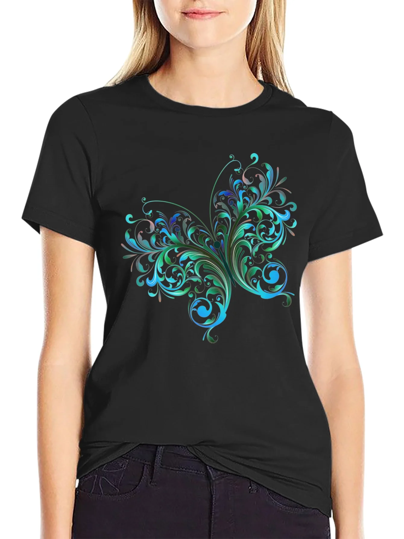 Rebbecca Stylish Black T-Shirt with Floral Butterfly Design