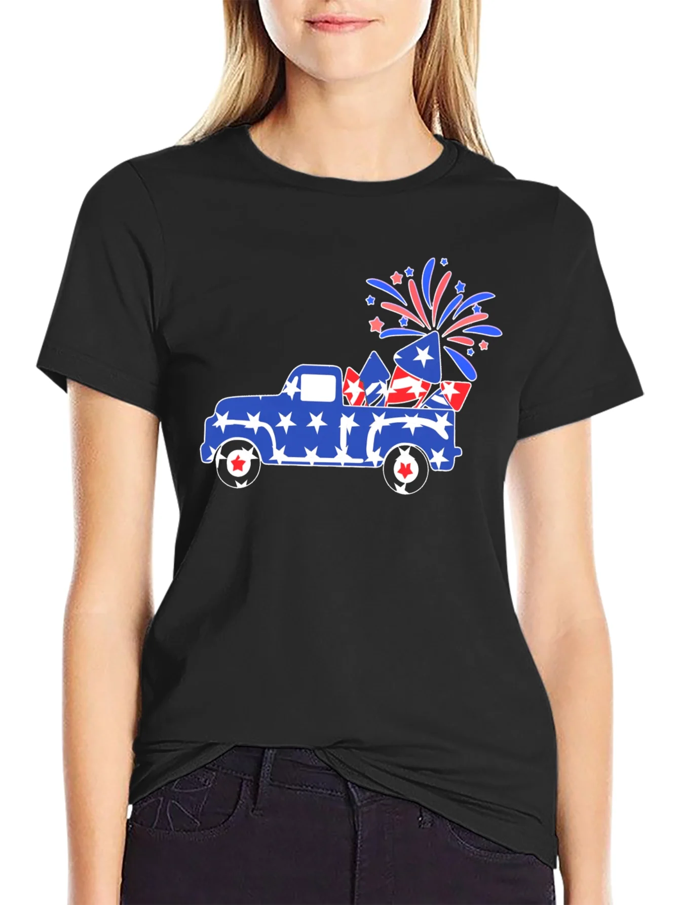 Camiseta Negra con Dise?o Festivo Camioneta Americana