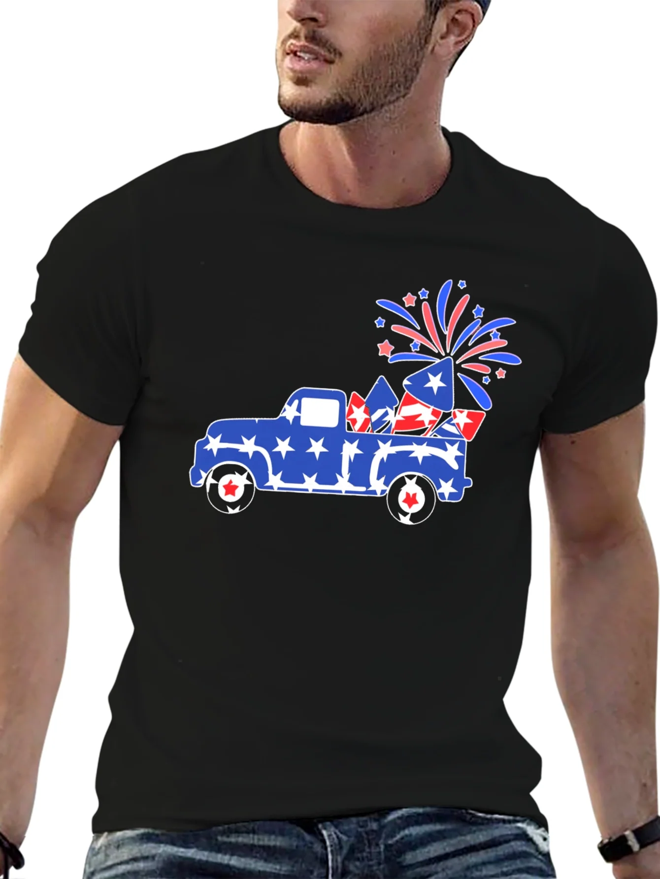 Camiseta Negra con Dise?o Festivo Camioneta Americana