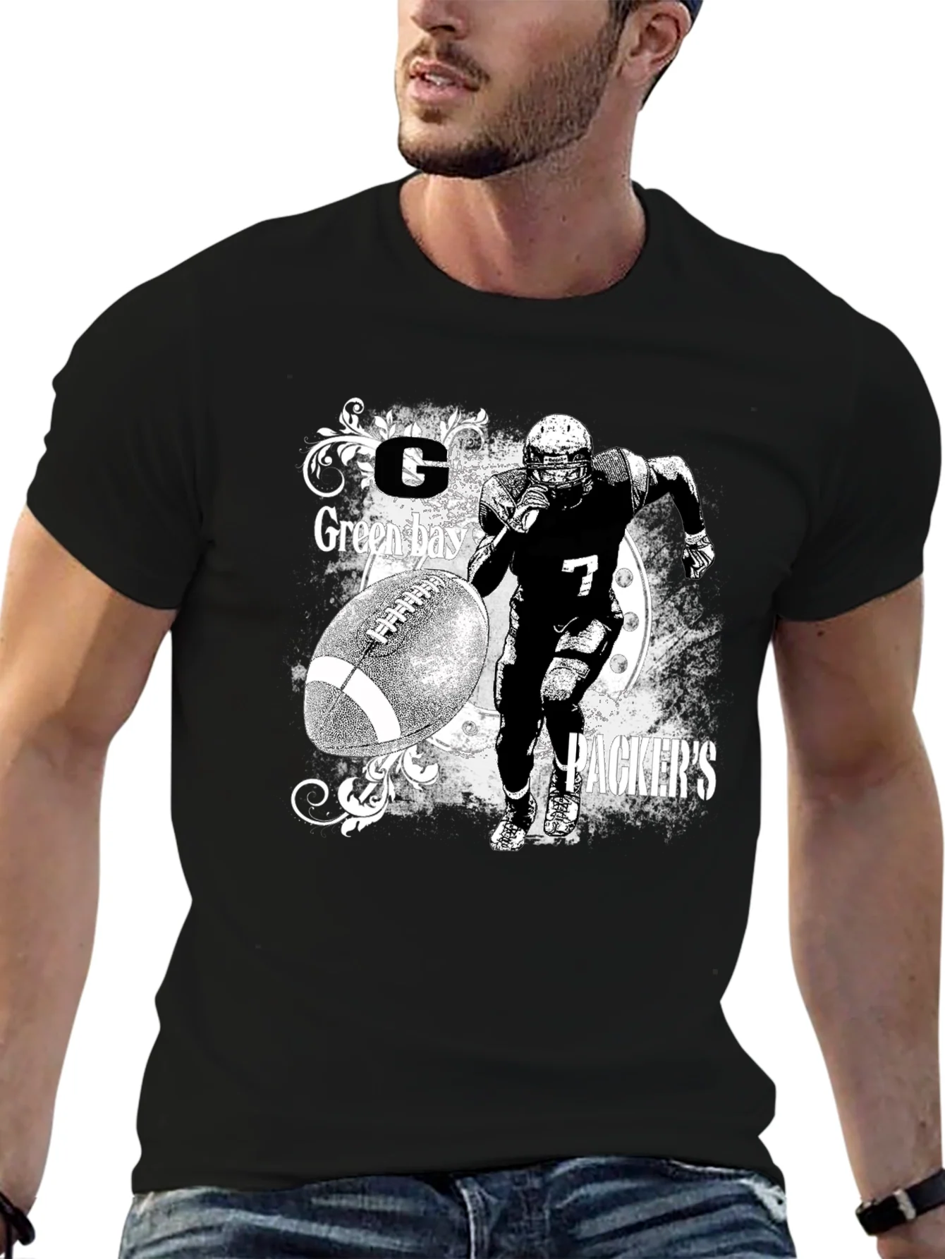 Camiseta Hombre Negro Dise?o Packers F¨²tbol Americano
