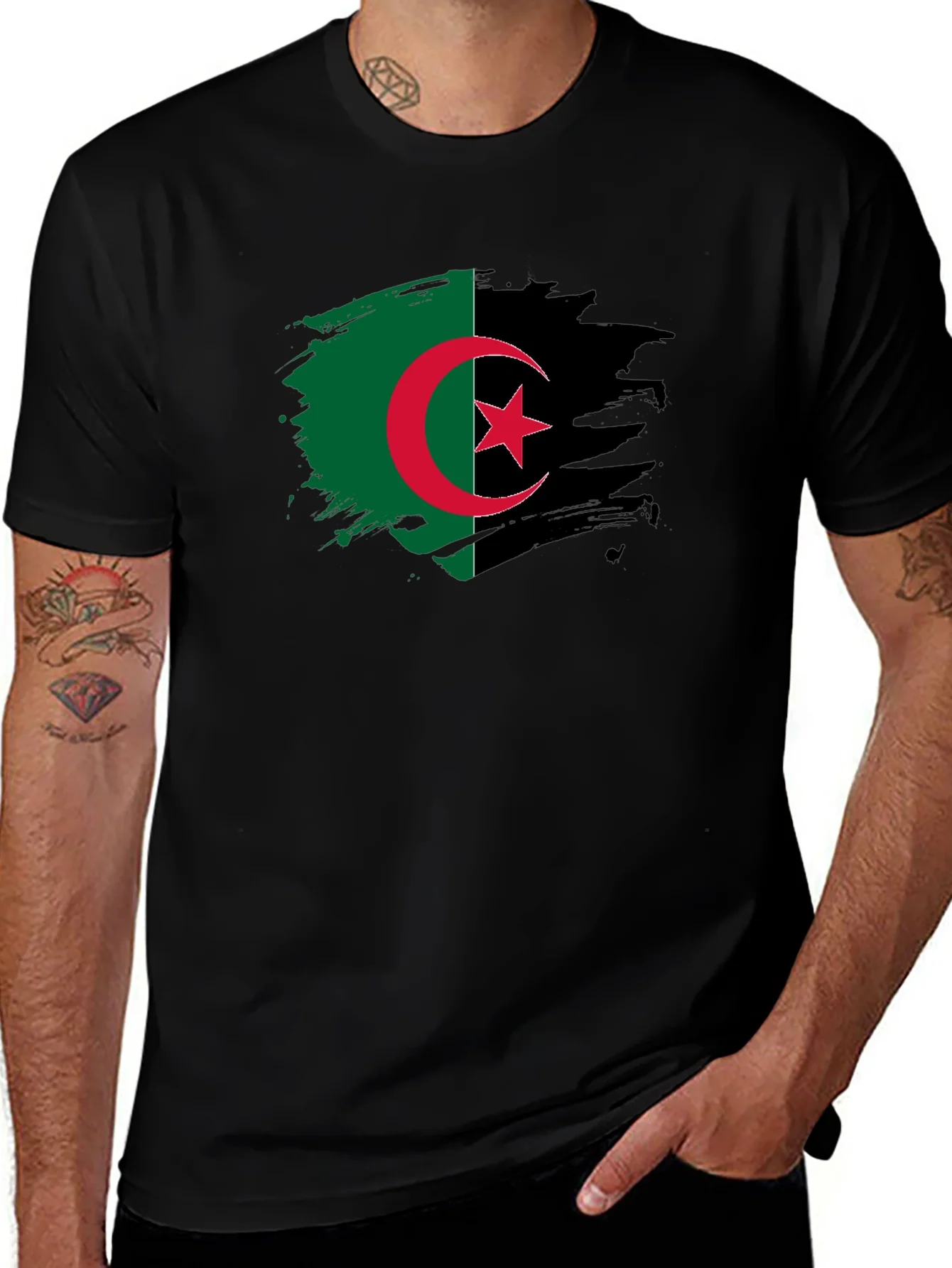 Camiseta Negra Argelia - Dise?o Bandera Pincelada