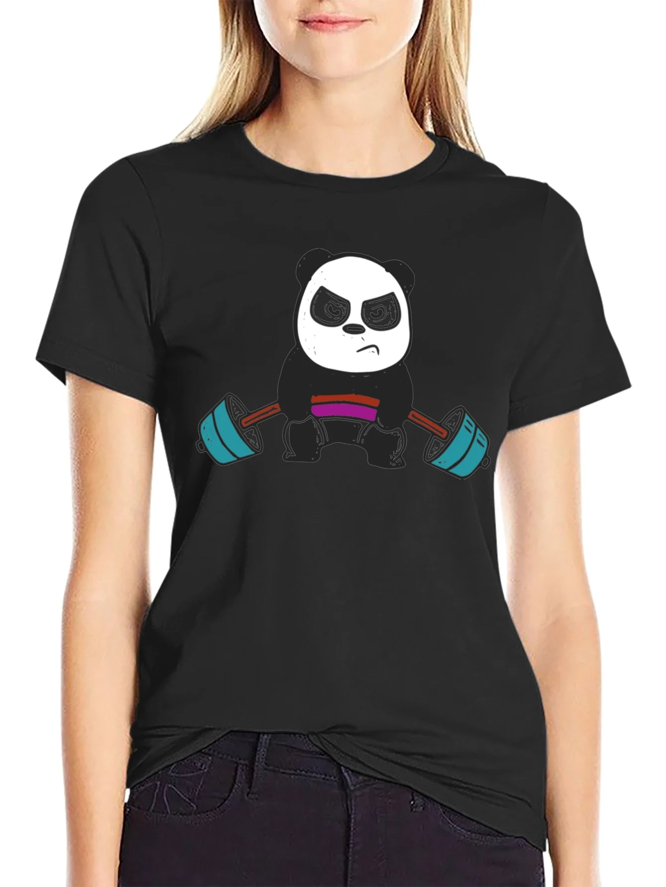 Rebbecca Weightlifting Panda Graphic Tee - Black Cotton T-Shirt