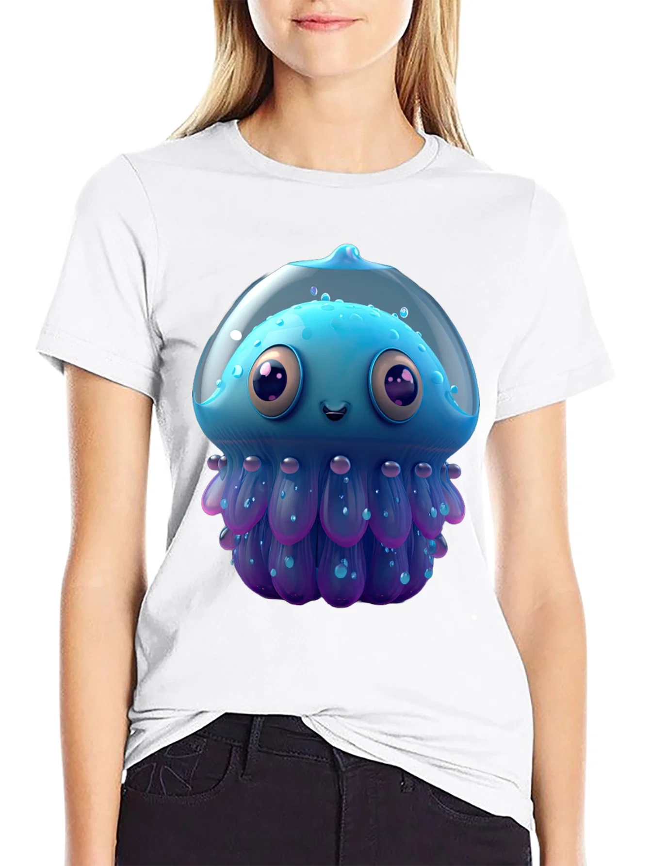 Rebbecca Cartoon Jellyfish Graphic Tee - Black Casual T-Shirt
