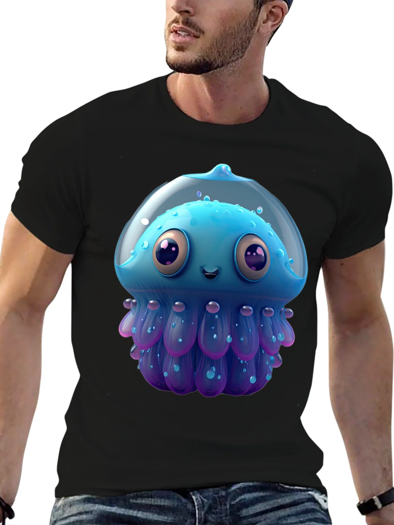 Rebbecca Cartoon Jellyfish Graphic Tee - Black Casual T-Shirt