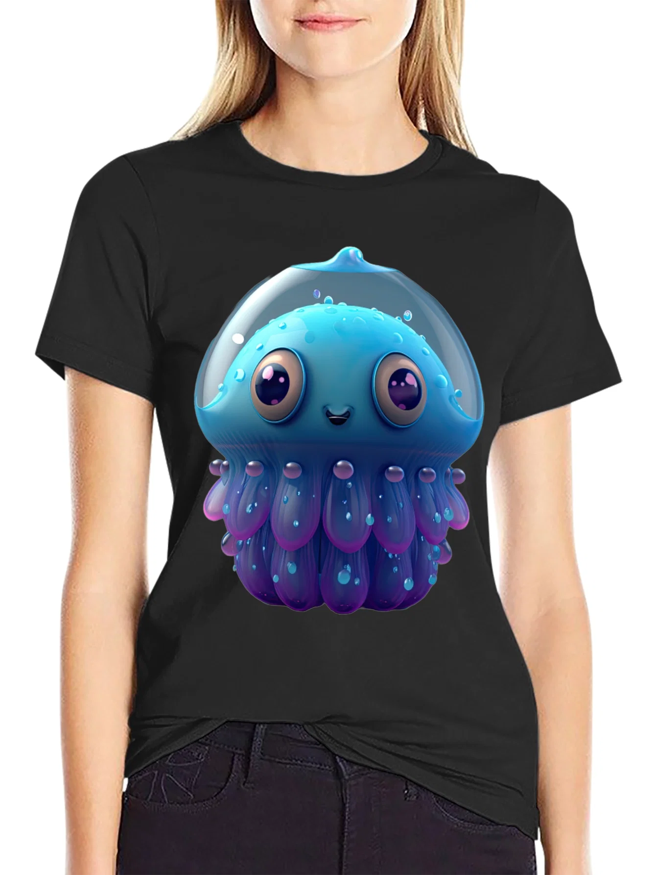 Rebbecca Cartoon Jellyfish Graphic Tee - Black Casual T-Shirt