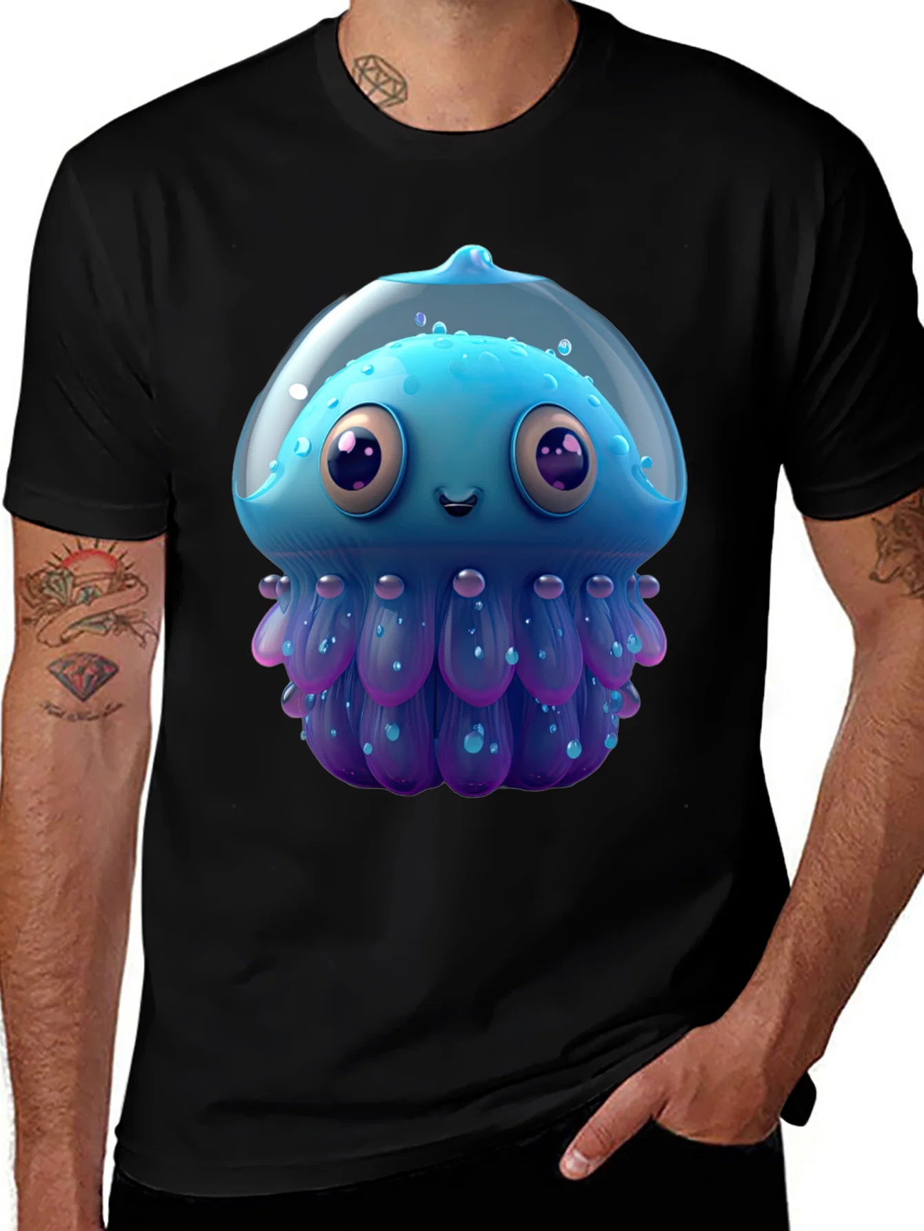 Rebbecca Cartoon Jellyfish Graphic Tee - Black Casual T-Shirt