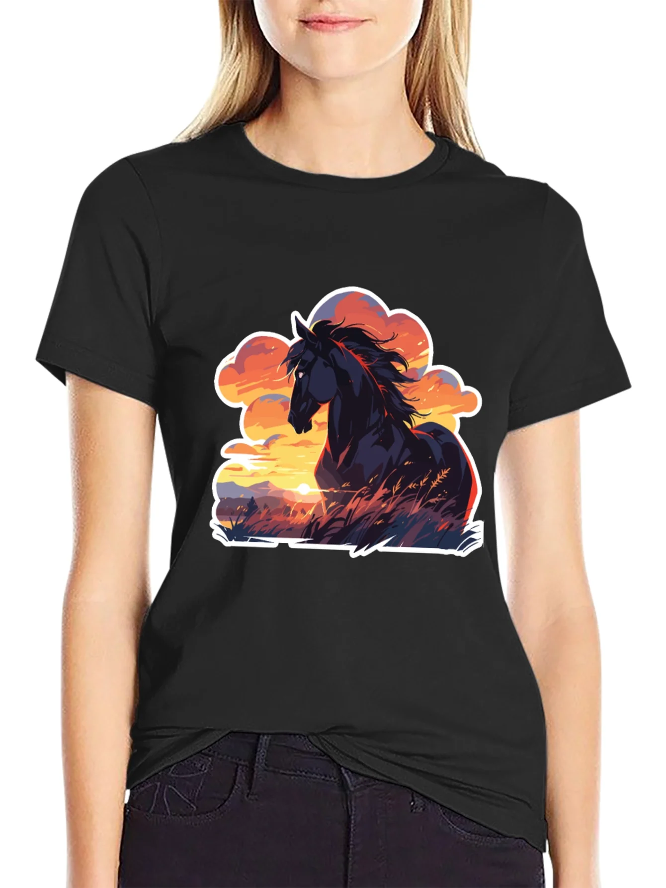 Rebbecca Horse Sunset T-Shirt: Black Graphic Tee