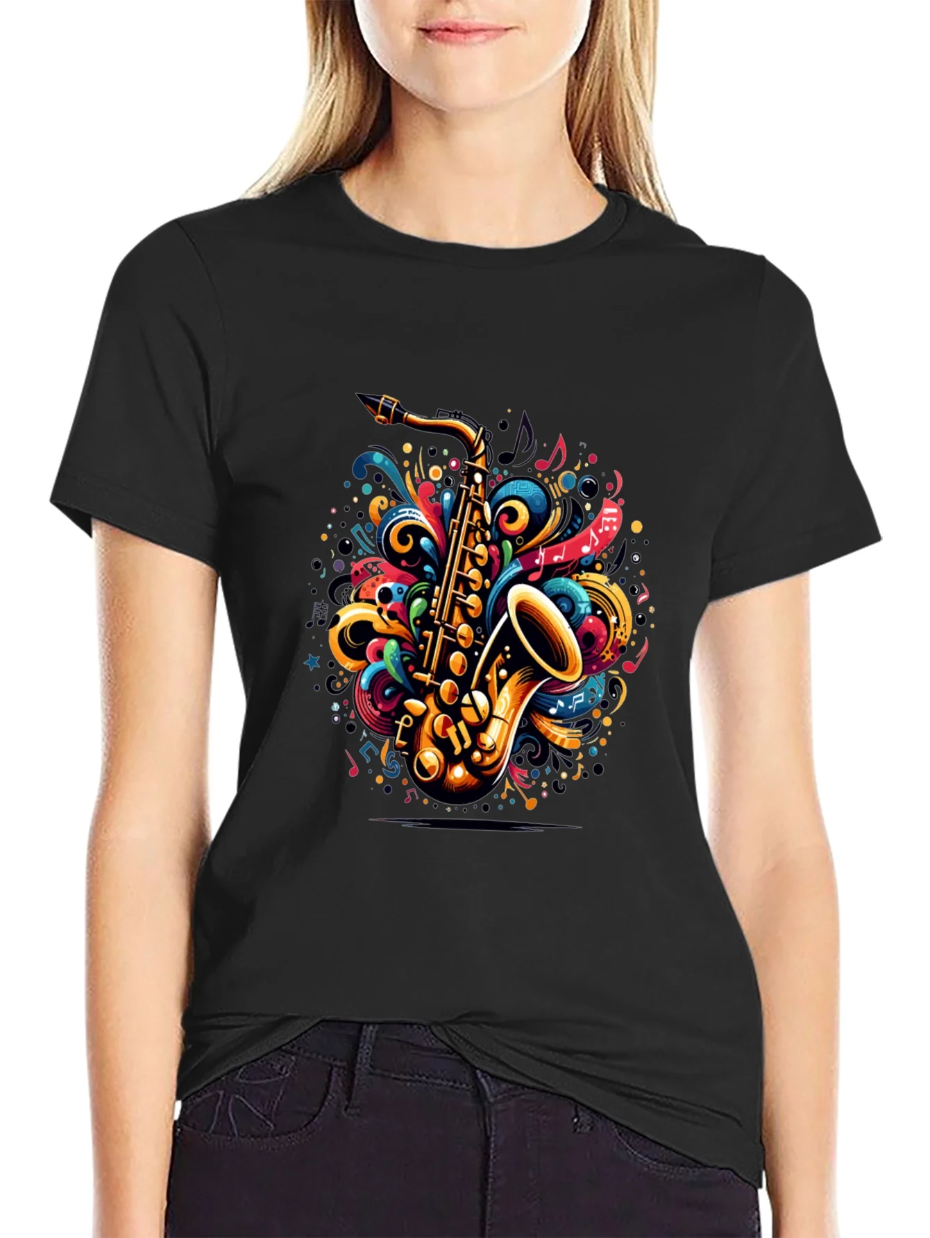 Camiseta Negra con Dise?o de Saxof¨®n Musical