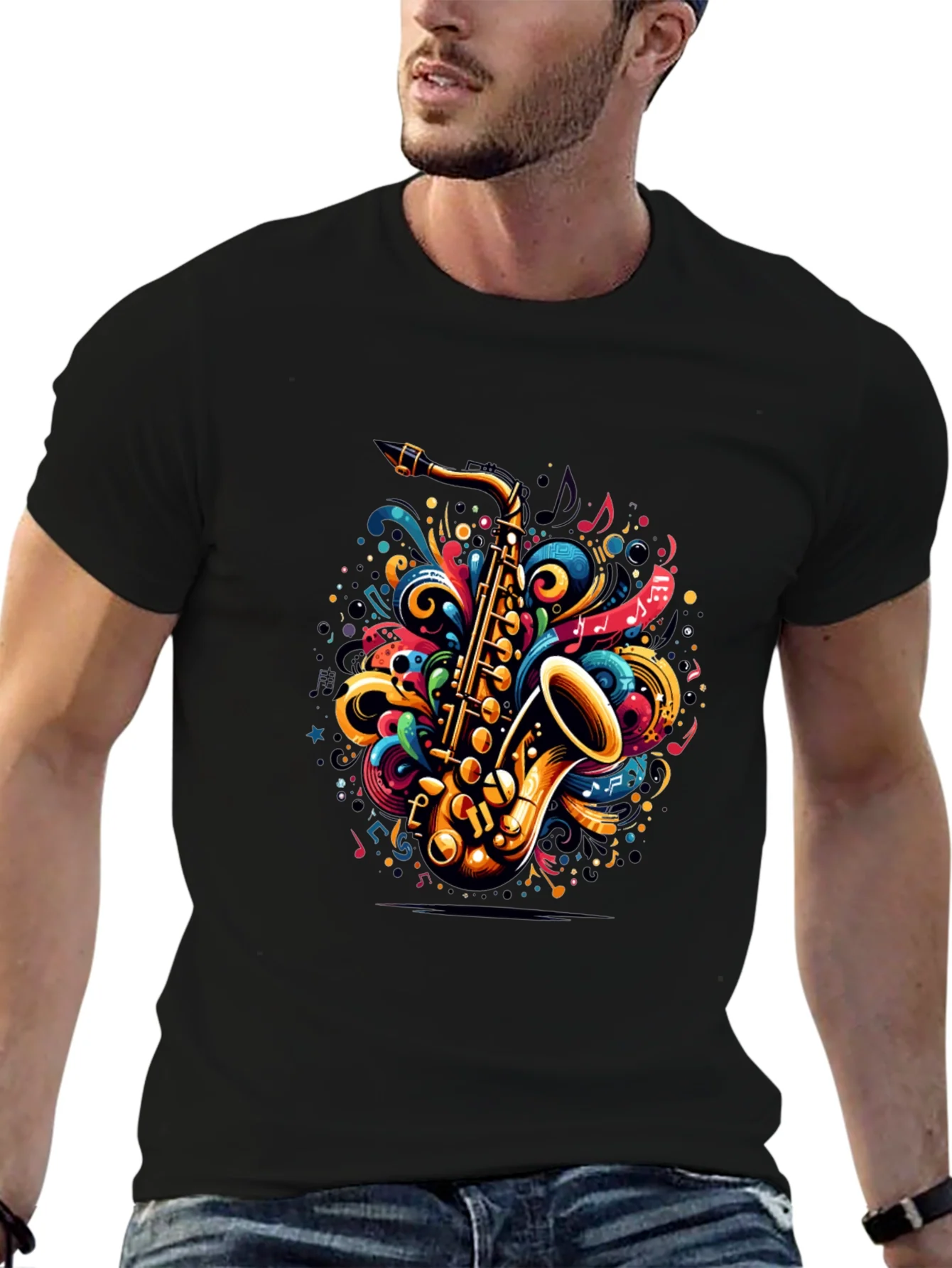 Camiseta Negra con Dise?o de Saxof¨®n Musical