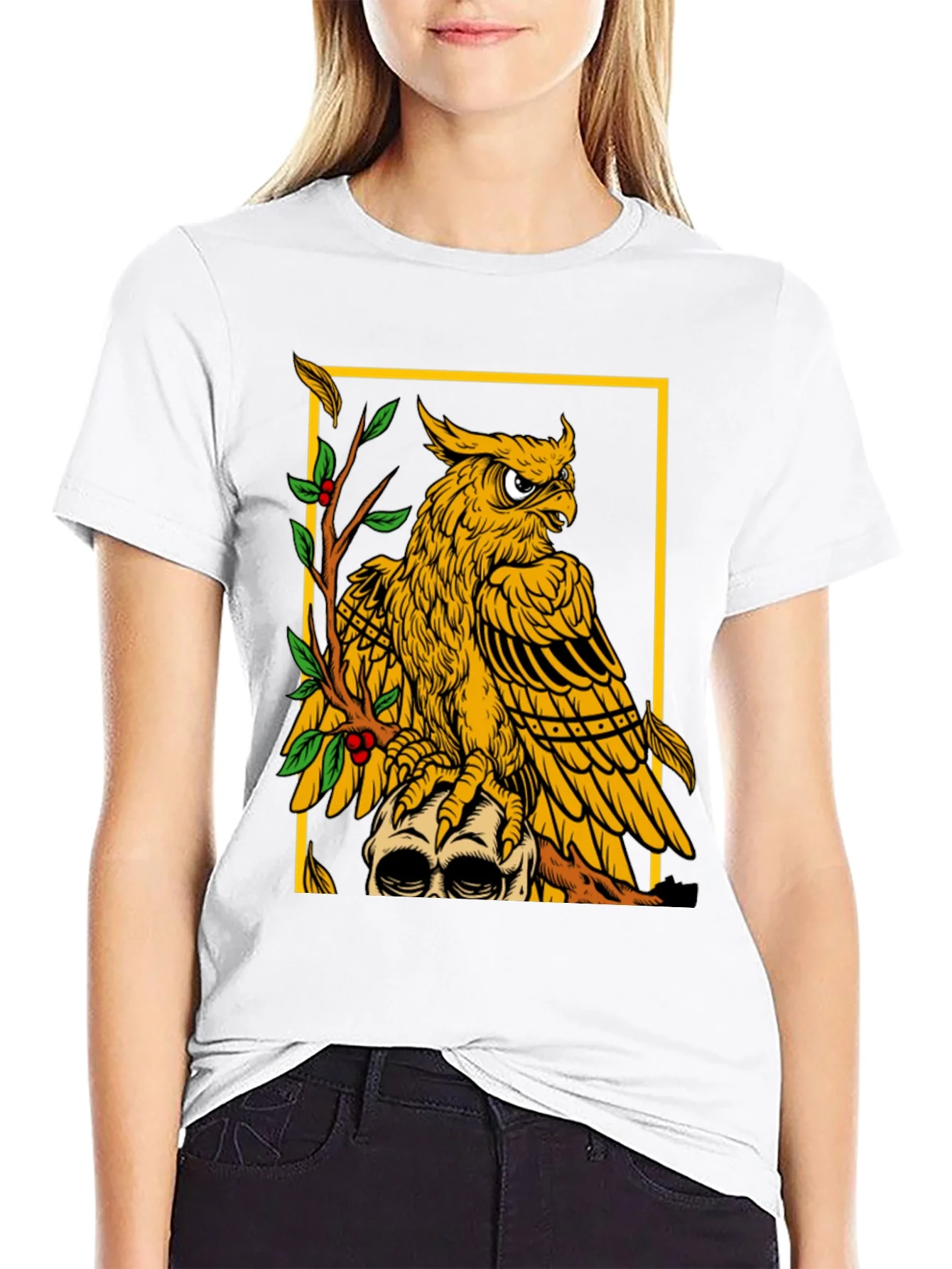 Camiseta Negra con Dise?o de B¨²ho y Calavera