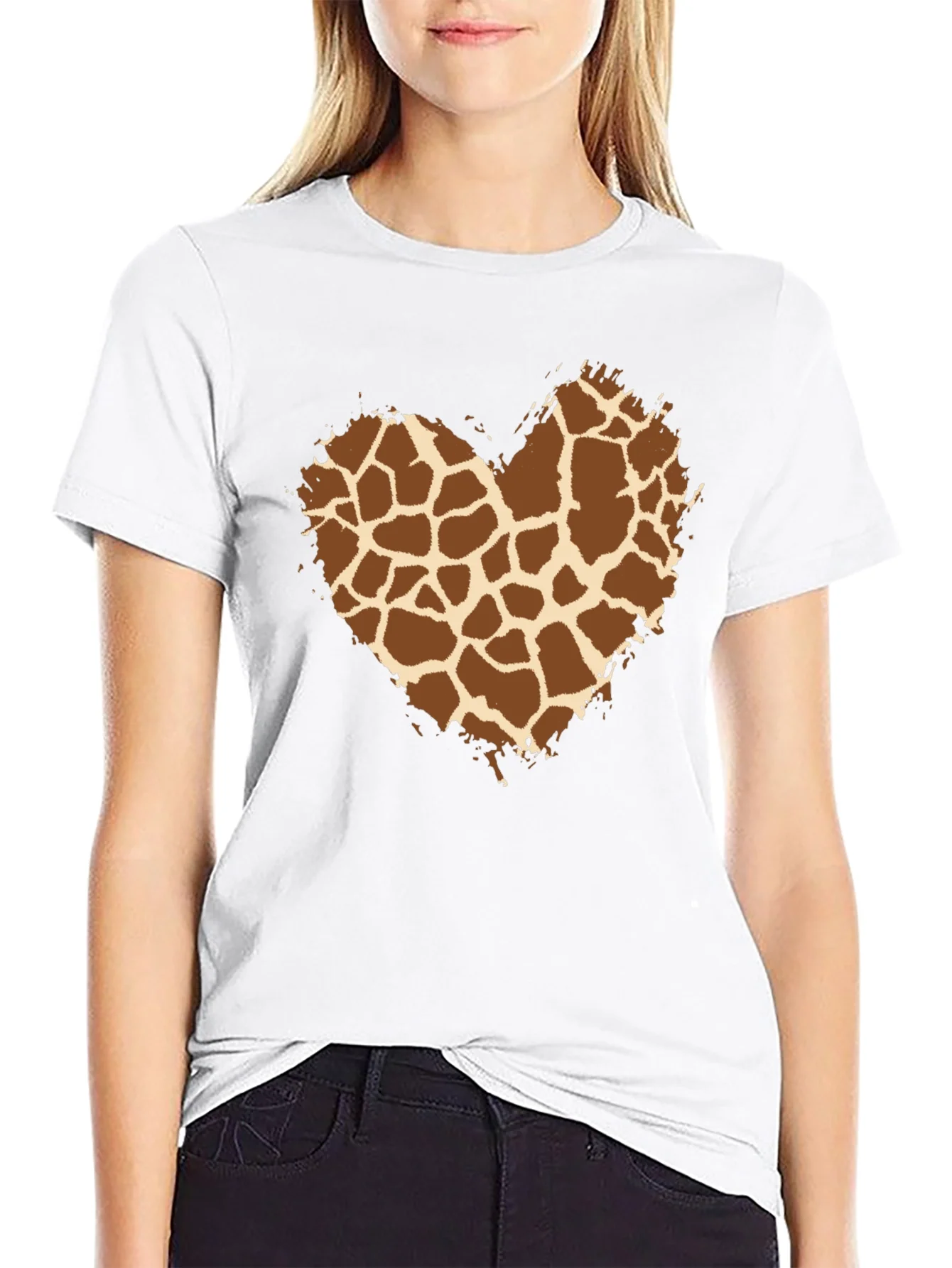 Rebbecca Giraffe Print Heart Tee - Trendy Graphic T-Shirt