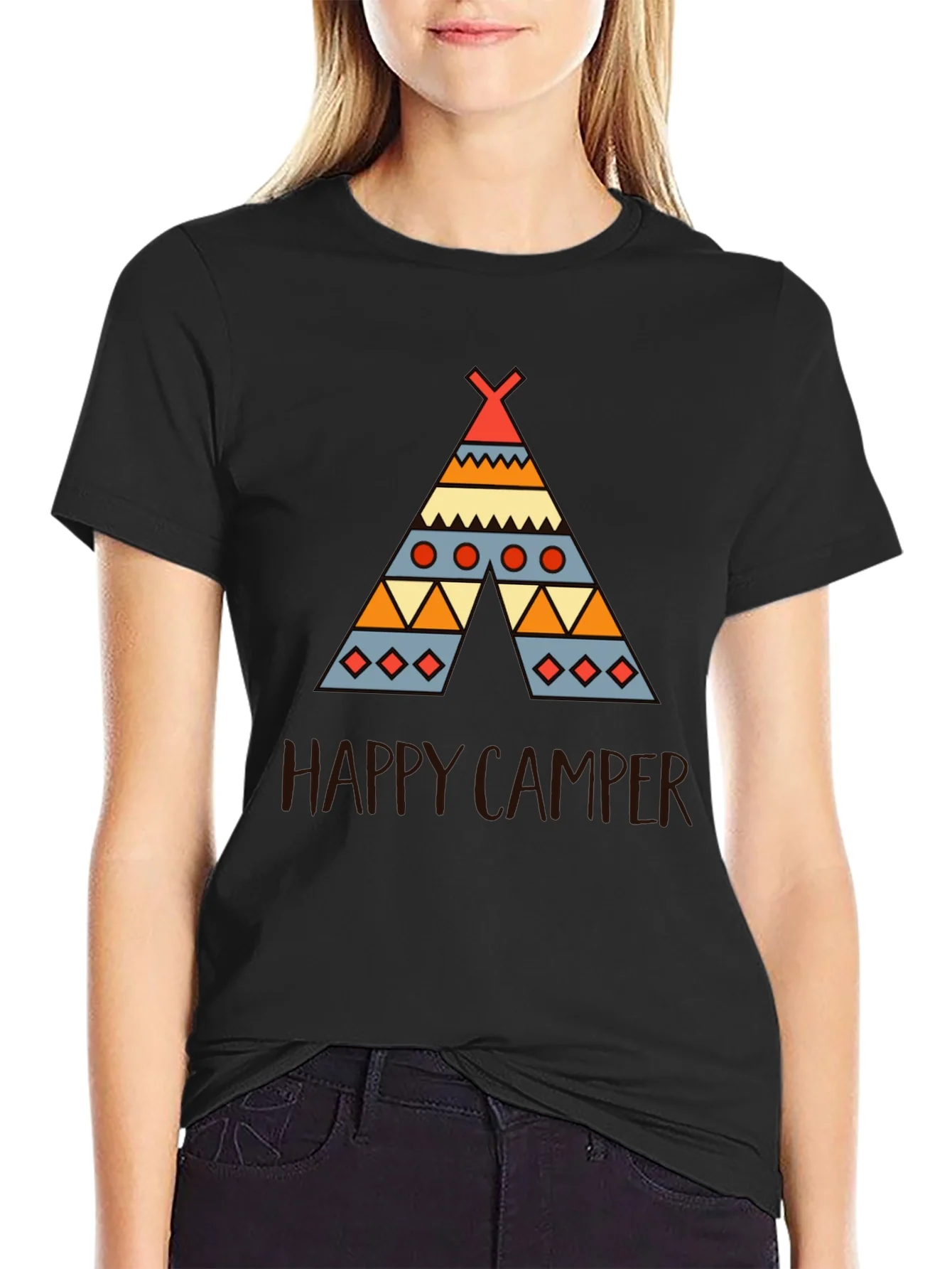 Rebbecca Happy Camper Graphic Tee - Black Cotton T-Shirt