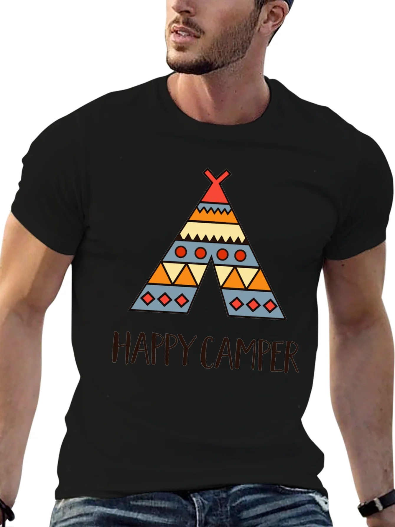 Rebbecca Happy Camper Graphic Tee - Black Cotton T-Shirt