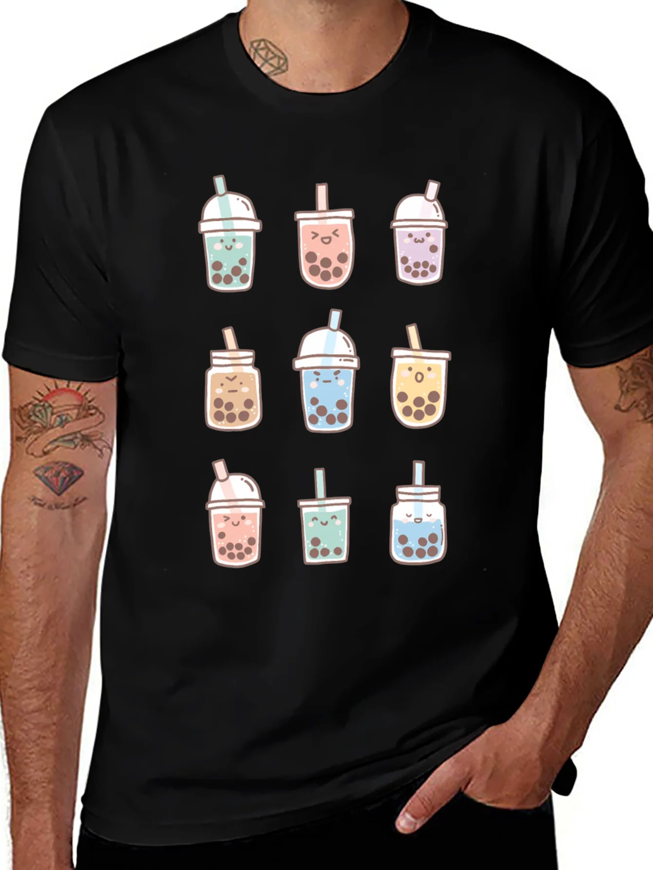 Camiseta Negra con Dise?o de T¨¦ de Burbujas Kawaii