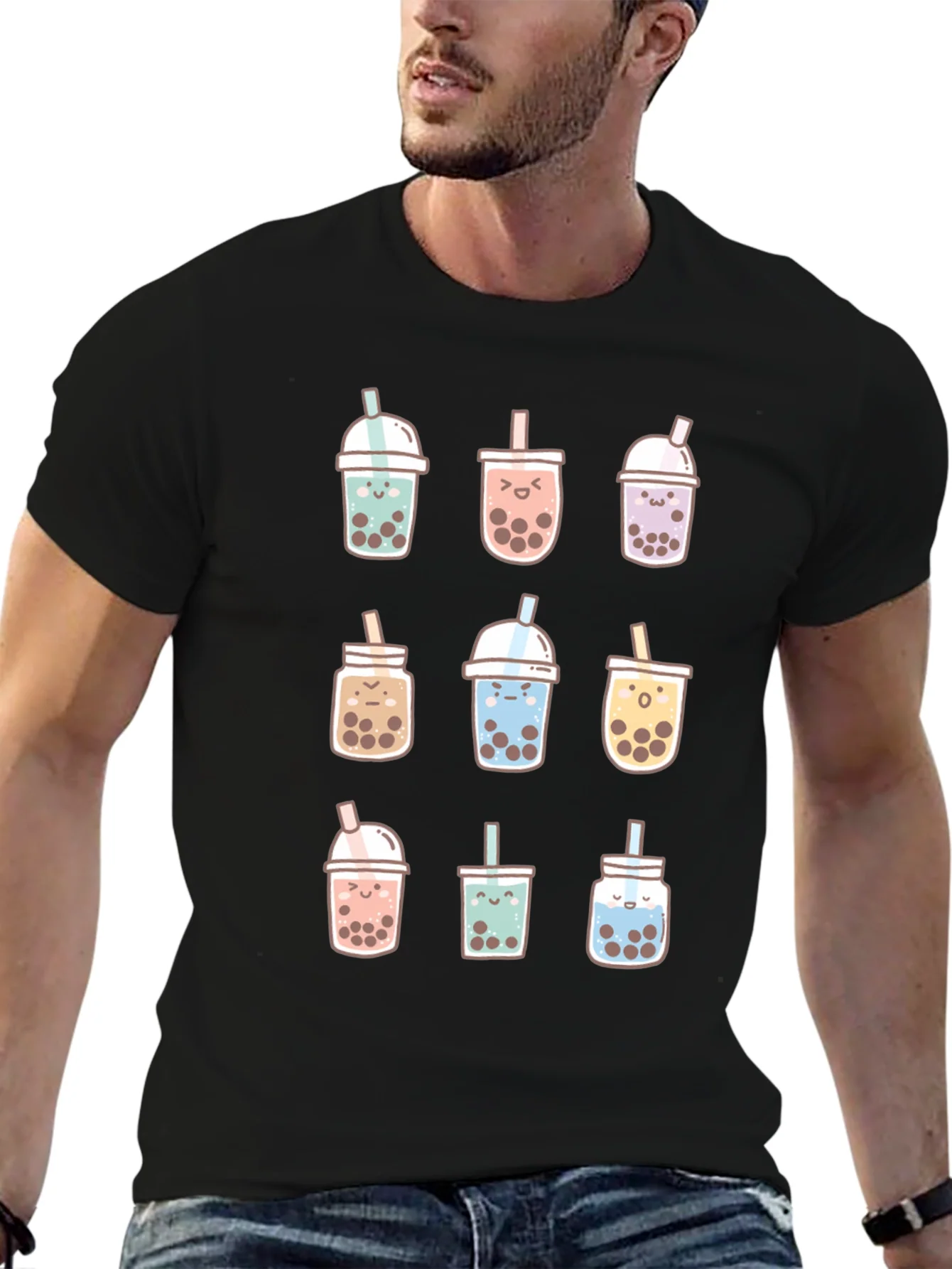Camiseta Negra con Dise?o de T¨¦ de Burbujas Kawaii