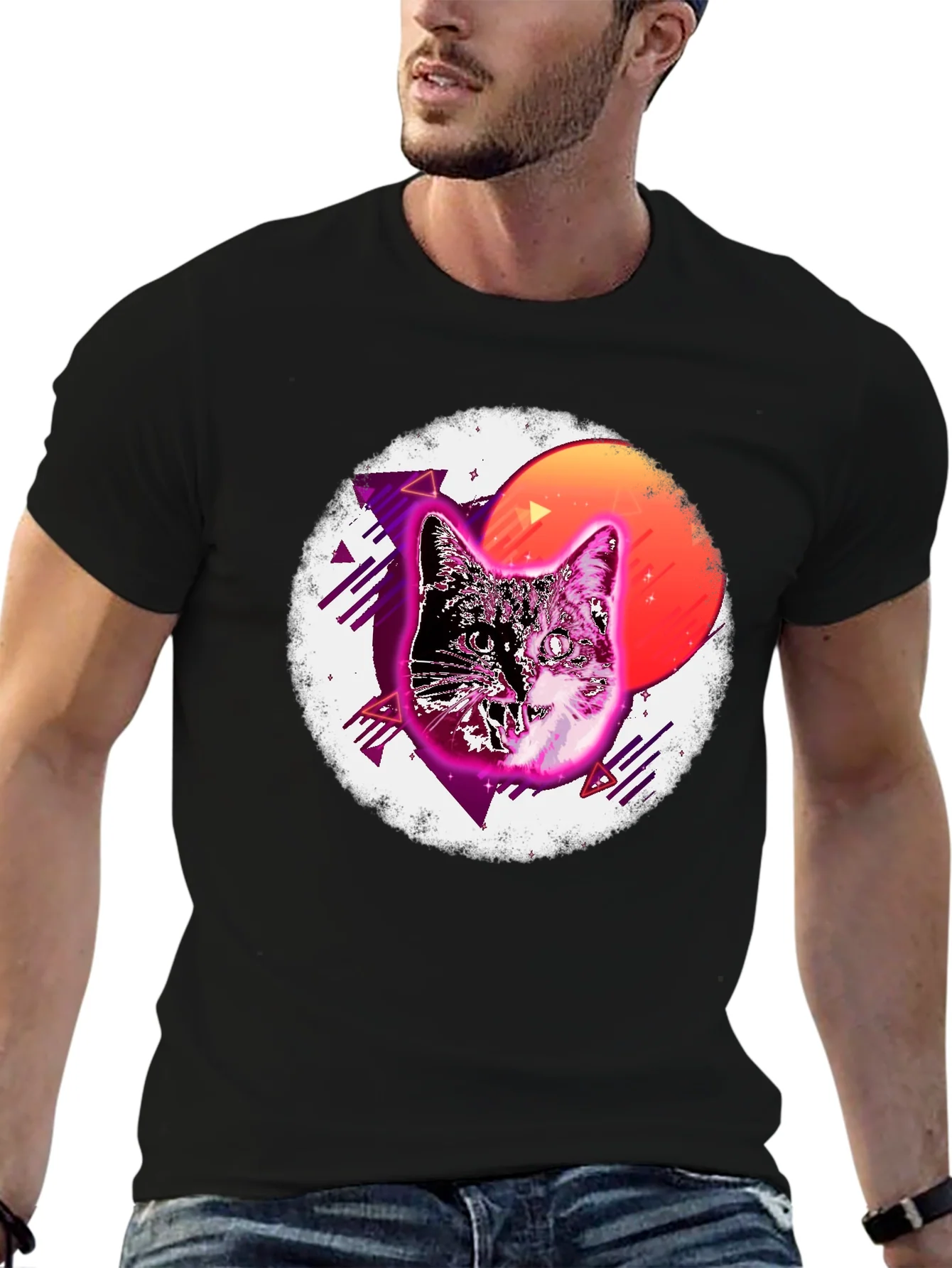 Camiseta Negra con Dise?o Retro de Gato