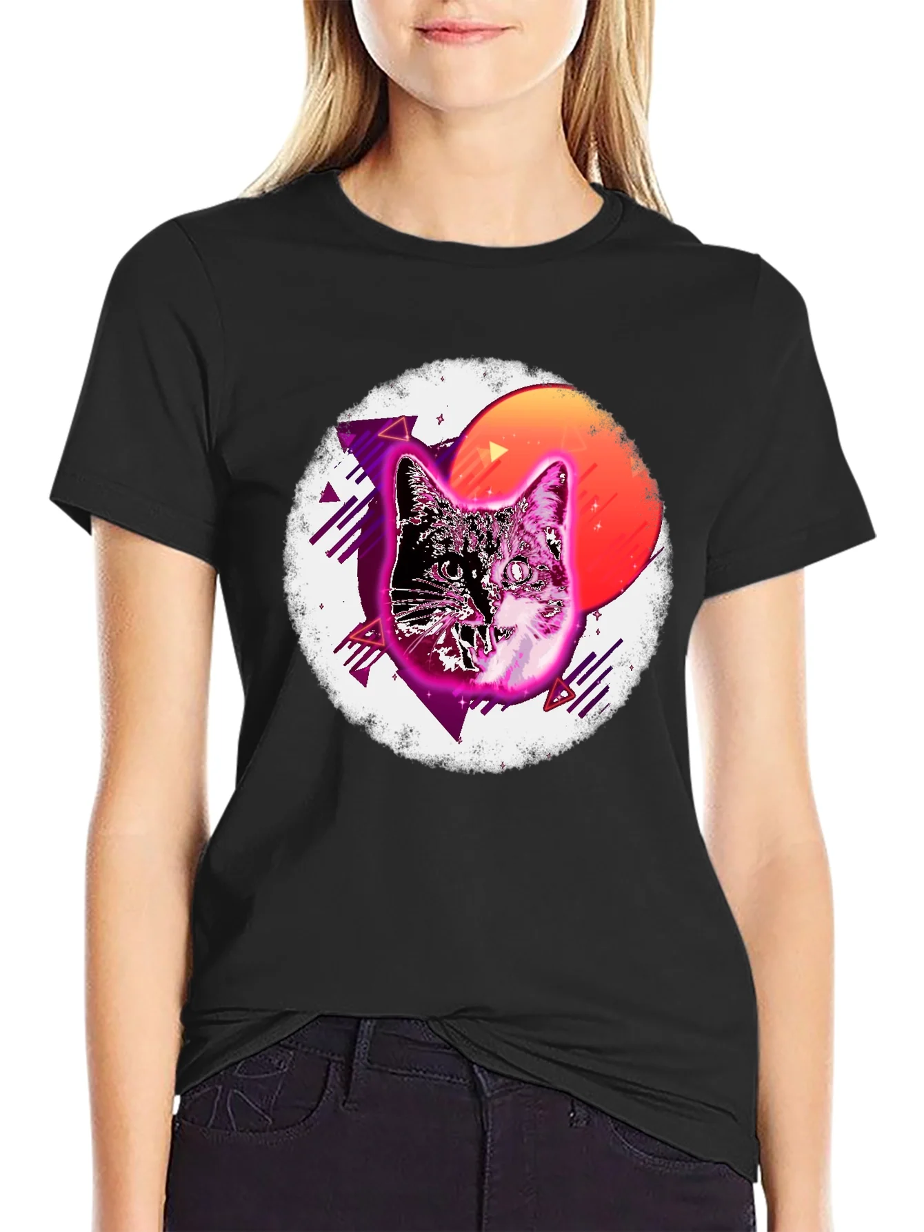 Camiseta Negra con Dise?o Retro de Gato