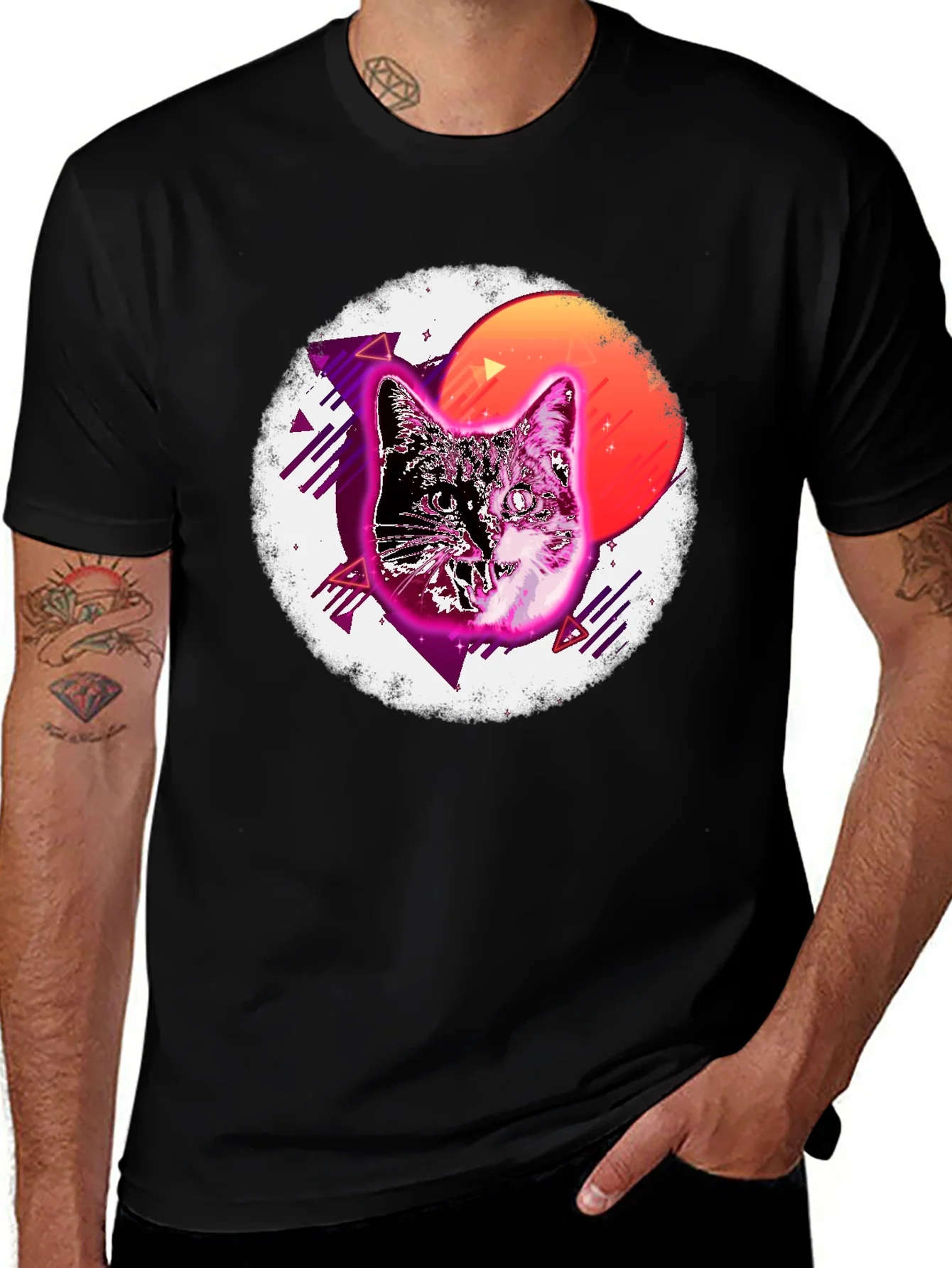 Camiseta Negra con Dise?o Retro de Gato