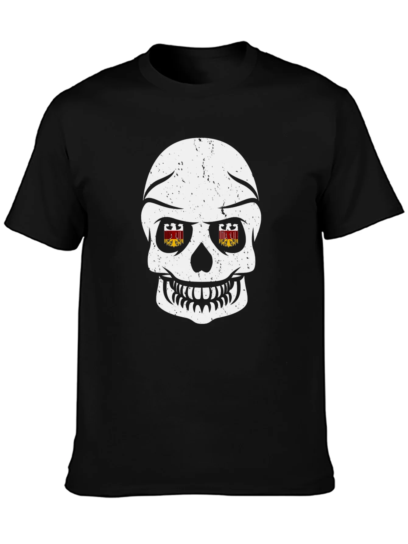 Camiseta Negra con Calavera y Escudos en Ojos